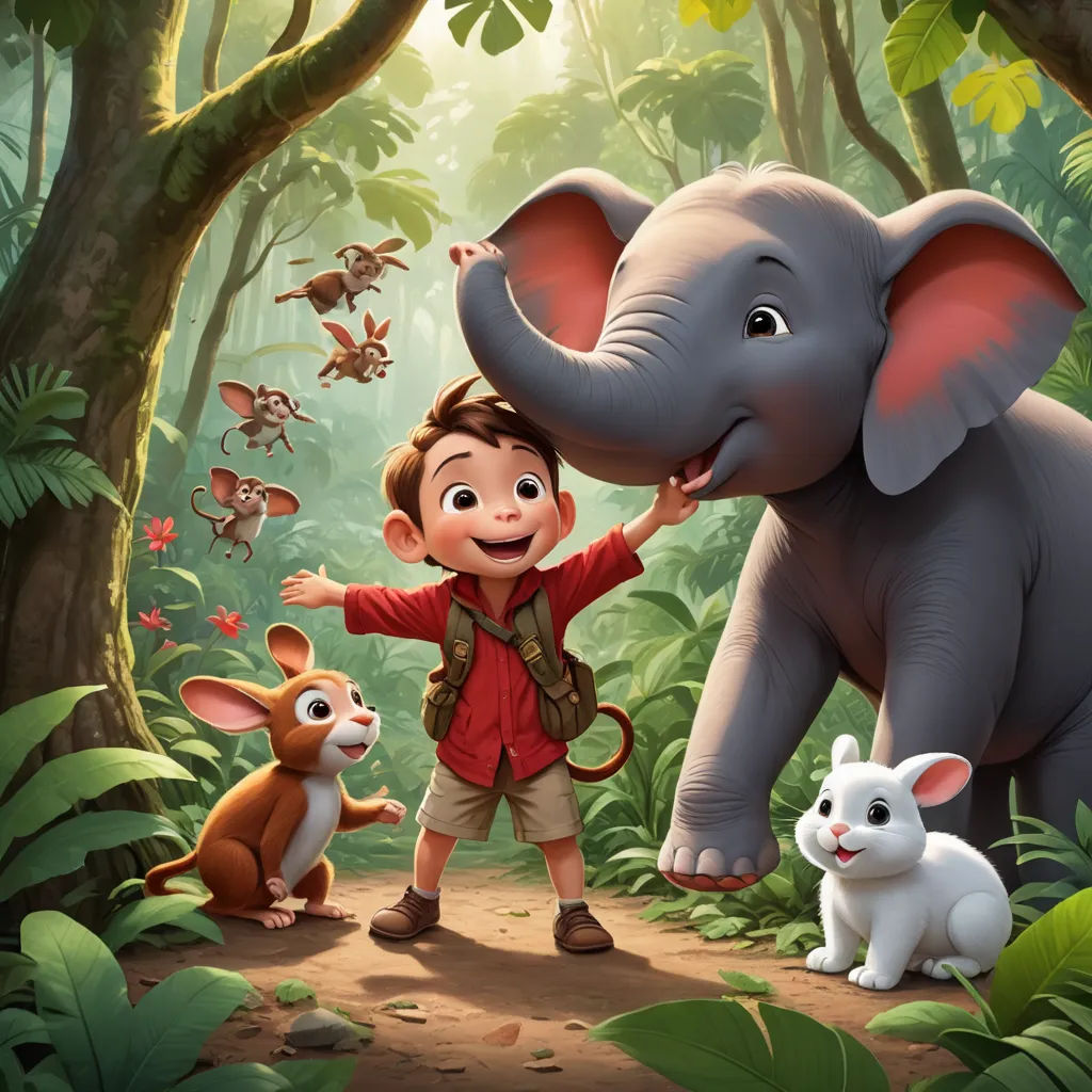 a boy is standing in the jungle with an elephant and a rabbit next to him and another animal behind him, furry art, a storybook illustration, Diego Gisbert Llorens, promotional image