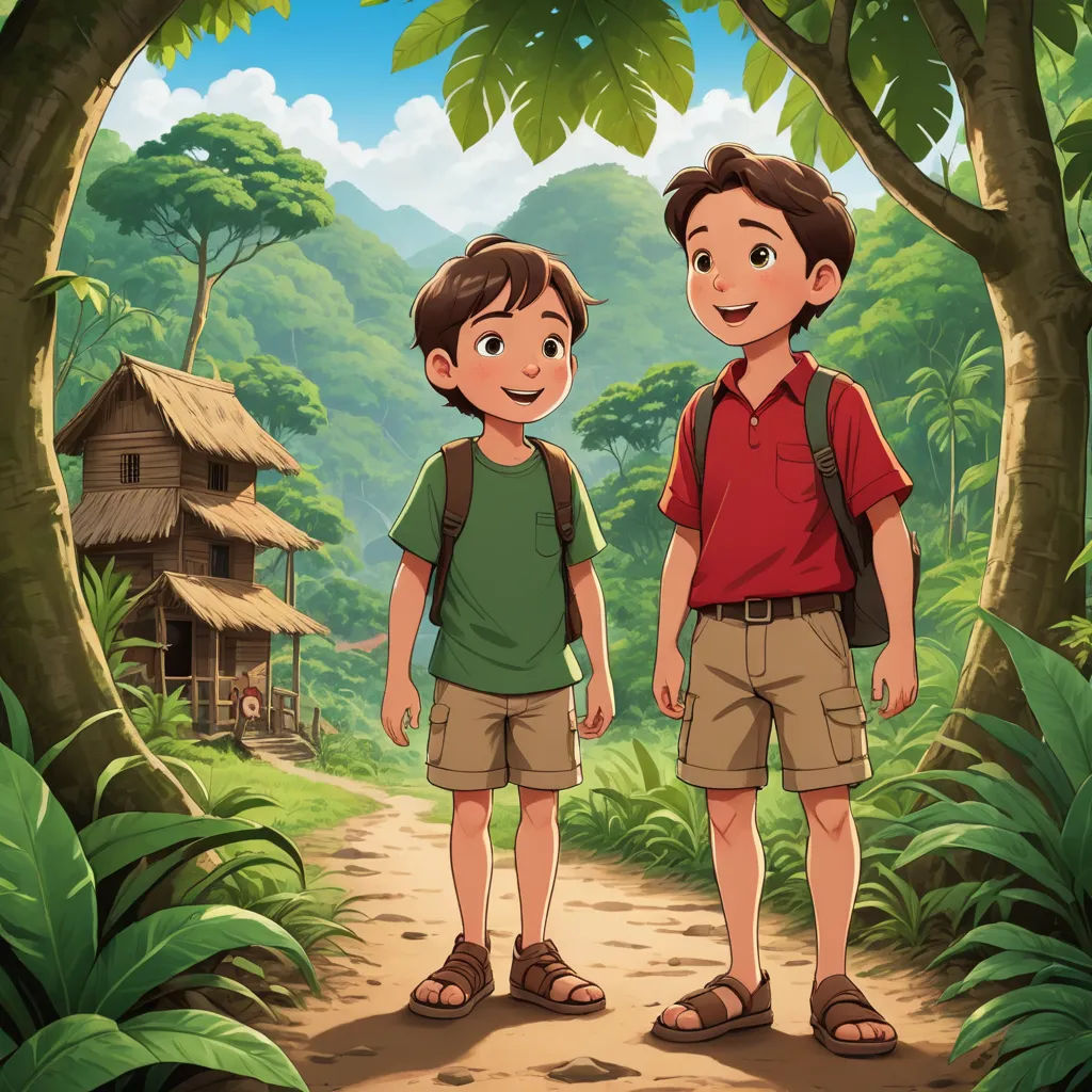 a boy and a boy standing in the woods with a hut in the background and a cabin in the background, primitivism, a storybook illustration, Diego Gisbert Llorens, promotional image