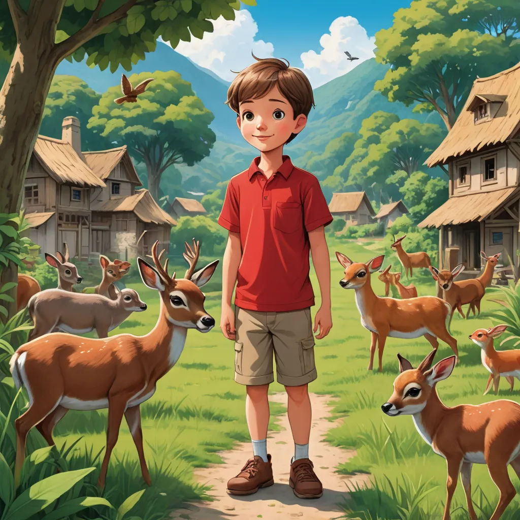 a boy standing in front of a herd of deer in a forest with a village in the background and a bird flying overhead, american scene painting, a storybook illustration, Chris LaBrooy, storybook illustration