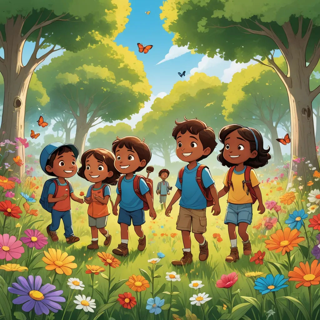 a group of children walking through a forest with butterflies flying overhead and a butterfly flying overhead above them,, lyco art, a storybook illustration, Ella Guru, promotional image