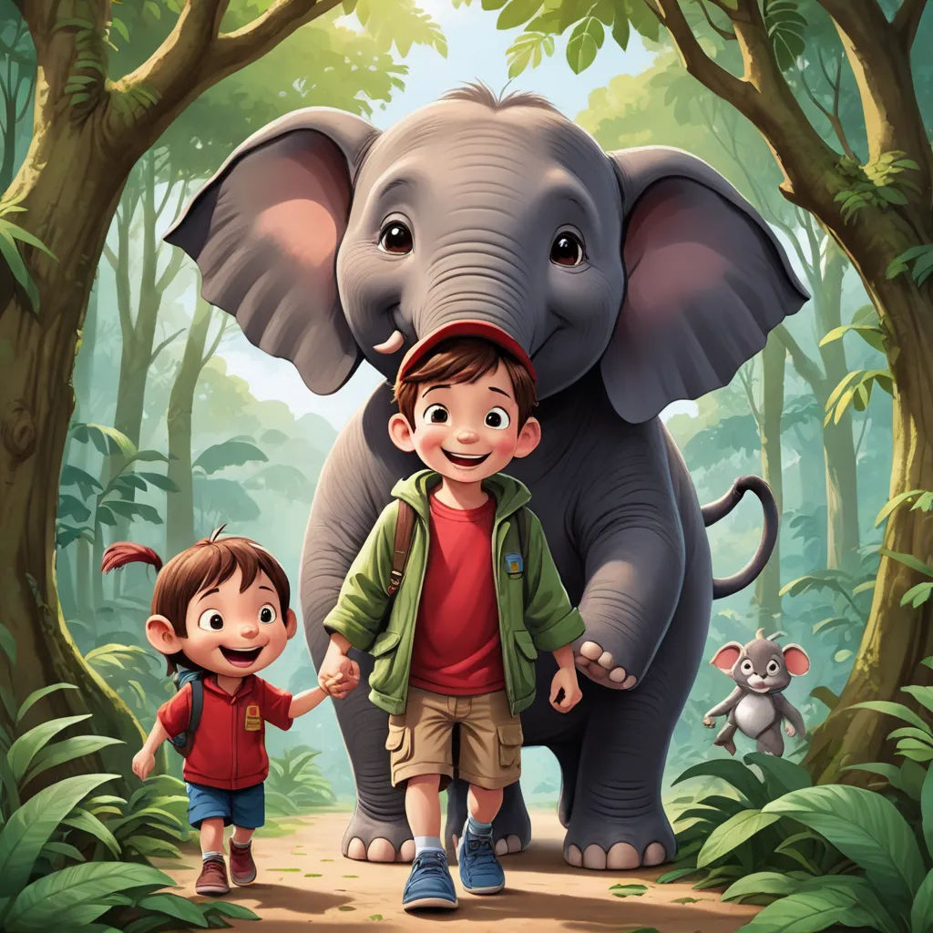 a boy and a boy are standing in front of an elephant in the jungle with a mouse on its back, sots art, a storybook illustration, Diego Gisbert Llorens, promotional image
