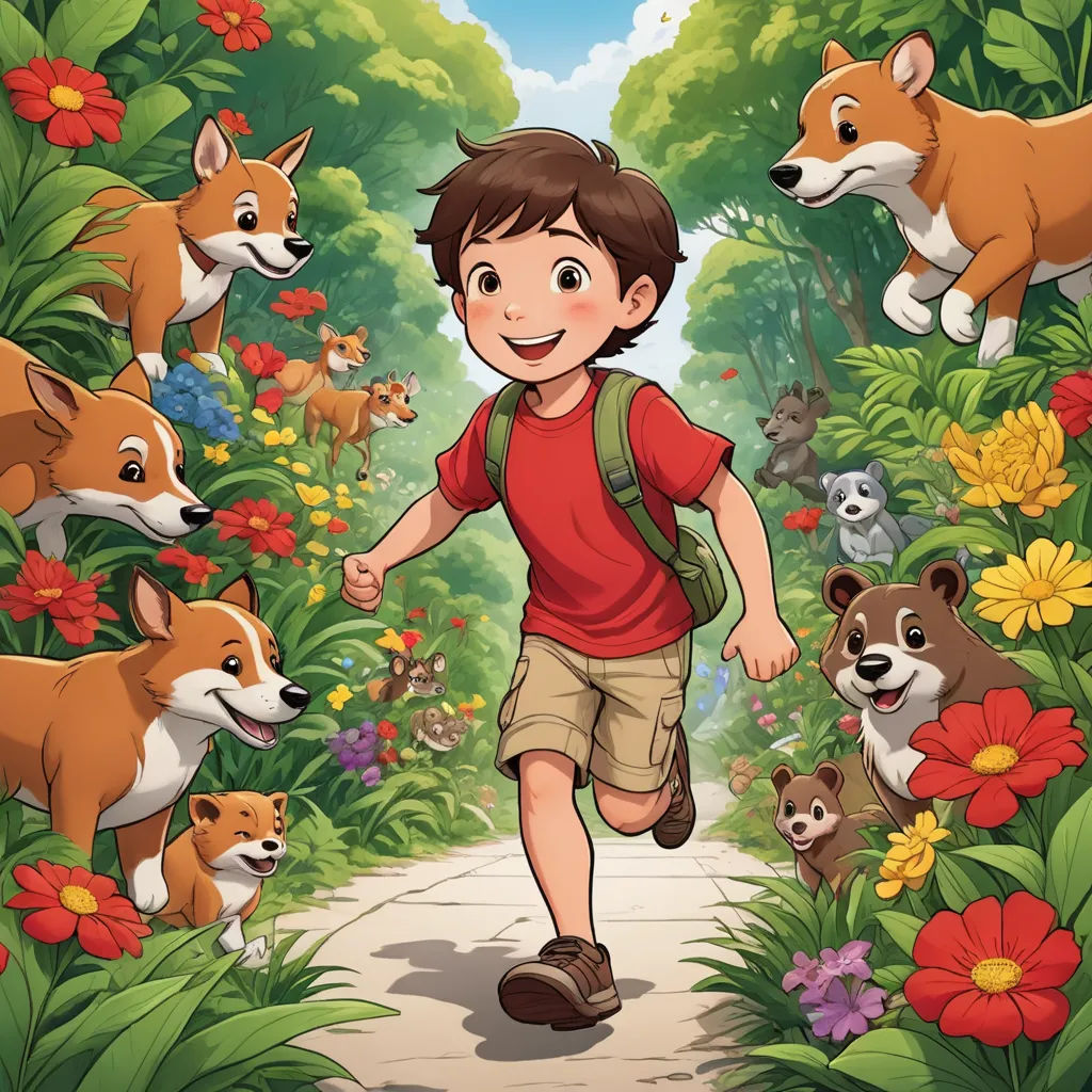a boy is running through the forest with many animals around him illustration by alex krautman for the children's book, furry art, a storybook illustration, Adam Rex, comic cover art