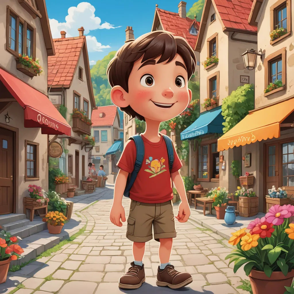 a boy standing in front of a street with a flower pot and a building in the background with a red awning, american scene painting, a storybook illustration, Chris LaBrooy, rossdraws global illumination