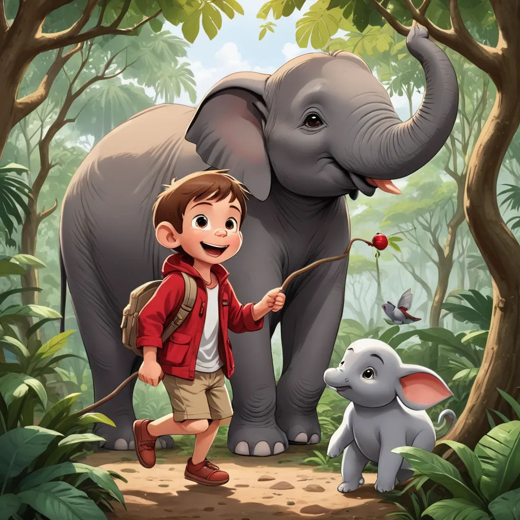 a boy is walking with an elephant in the jungle with a stick in his hand and a bird in his hand, sots art, a storybook illustration, Chris LaBrooy, storybook illustration