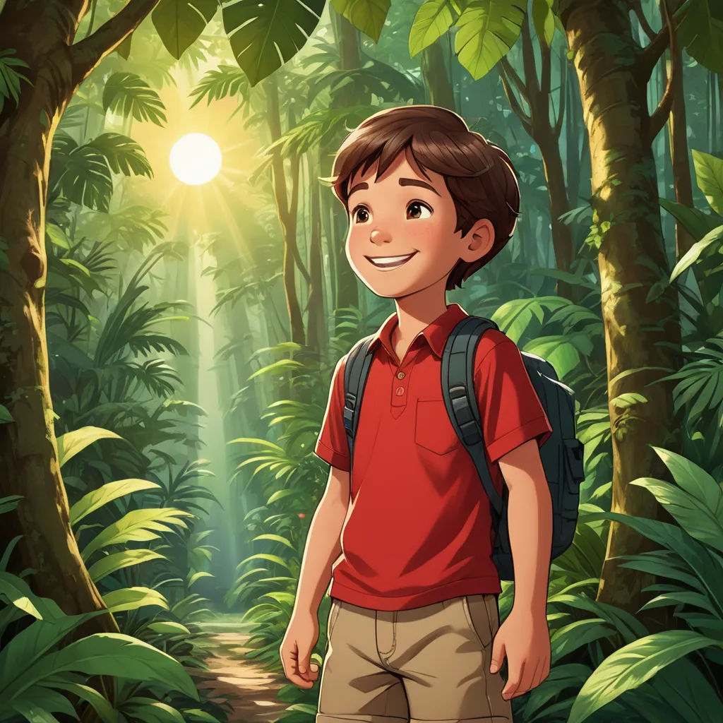 a boy in a red shirt and tan shorts in a jungle with a backpack and a backpack on his back, serial art, a storybook illustration, Diego Gisbert Llorens, rossdraws global illumination