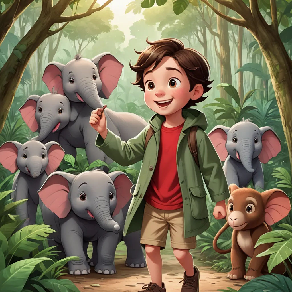 a boy standing in the middle of a forest with many elephants and a monkey behind him, with a forest background, magical realism, a storybook illustration, Diego Gisbert Llorens, storybook illustration