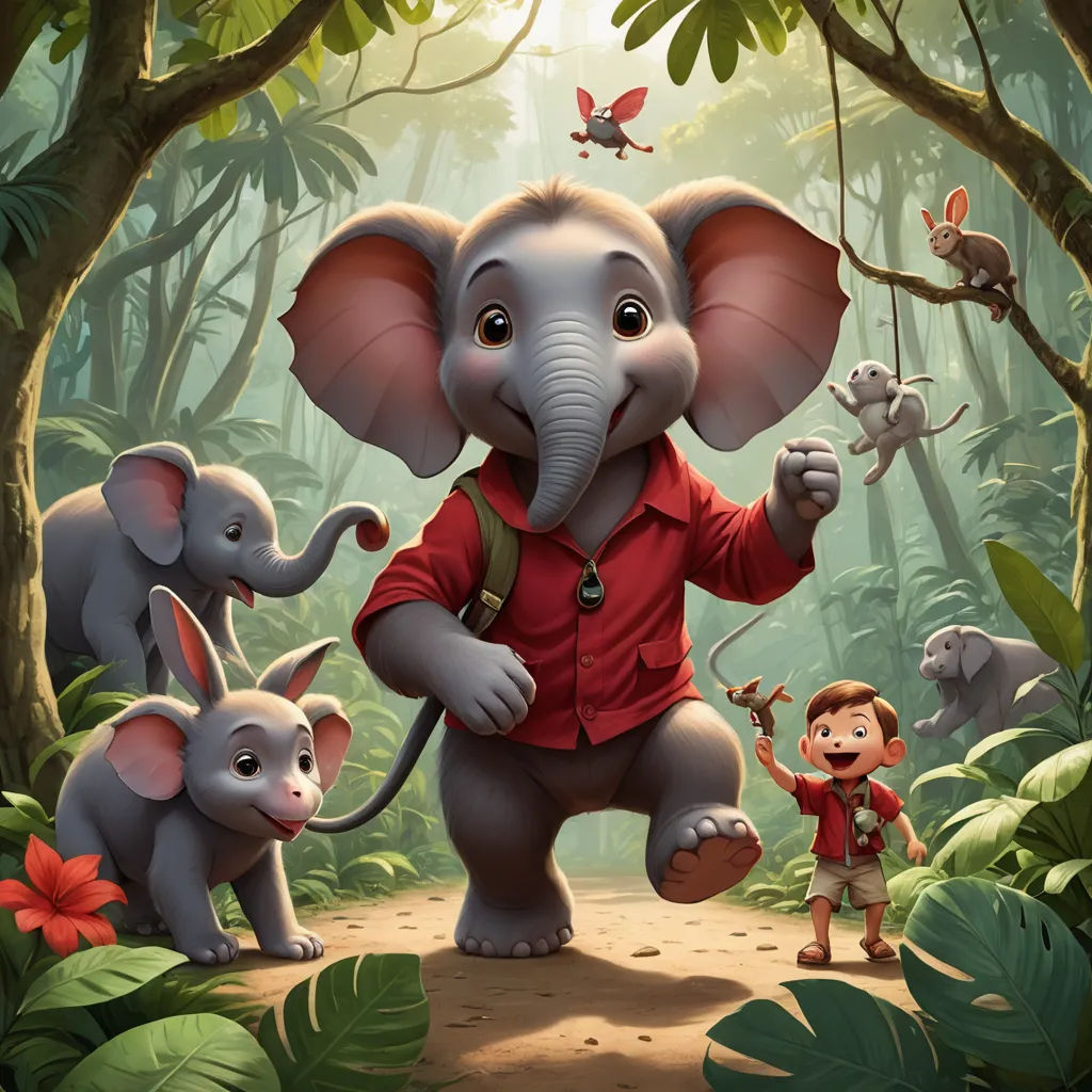 a painting of a man and two elephants in the jungle with a boy on a swing with a monkey on the back, sots art, a storybook illustration, Chris LaBrooy, official art