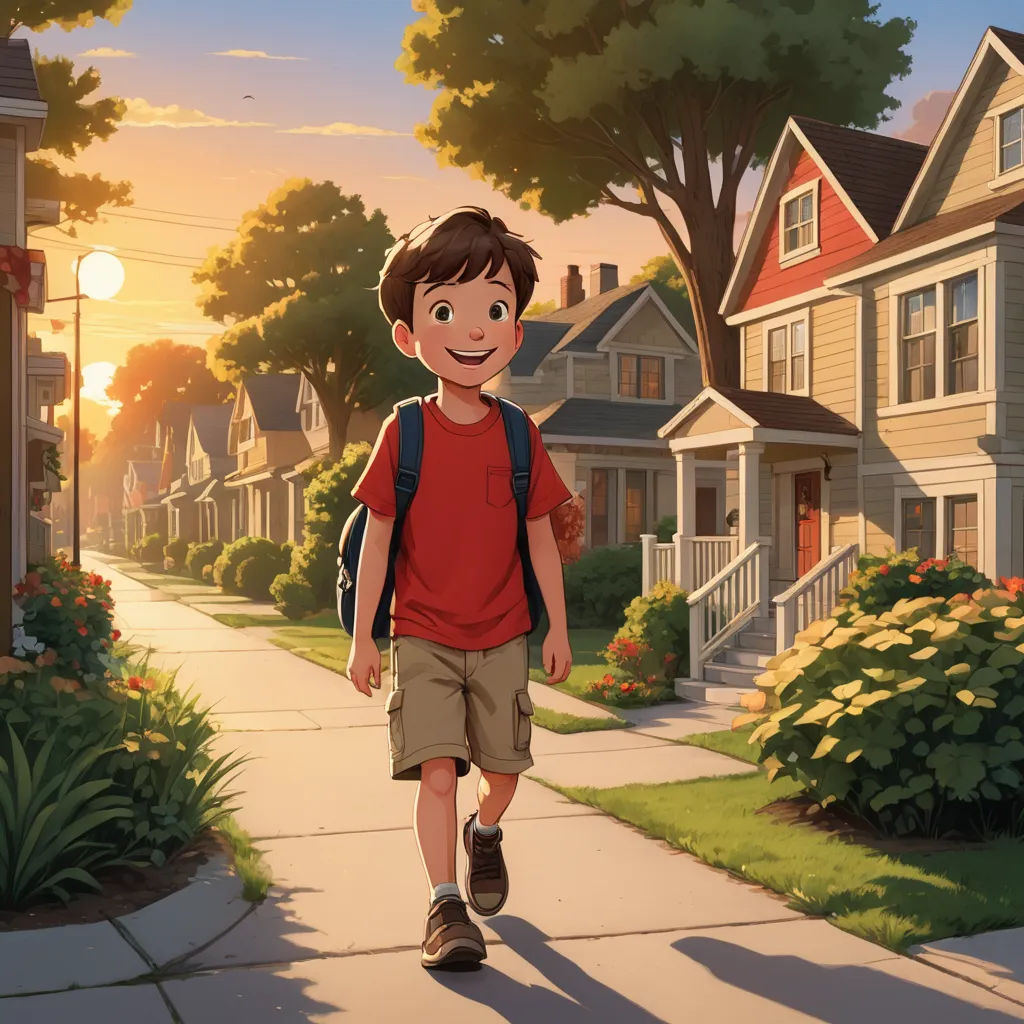 a boy walking down a sidewalk in front of a house with a backpack on his back and a backpack on his shoulder, american scene painting, a storybook illustration, Chris LaBrooy, rossdraws global illumination