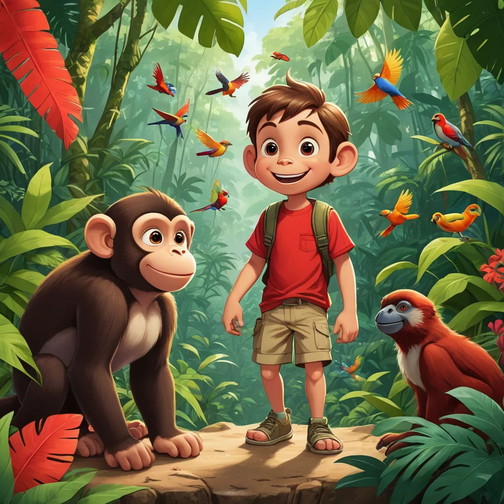a boy and a monkey in the jungle with birds flying around him and a monkey on the ground looking at him, primitivism, a storybook illustration, Diego Gisbert Llorens, promotional image