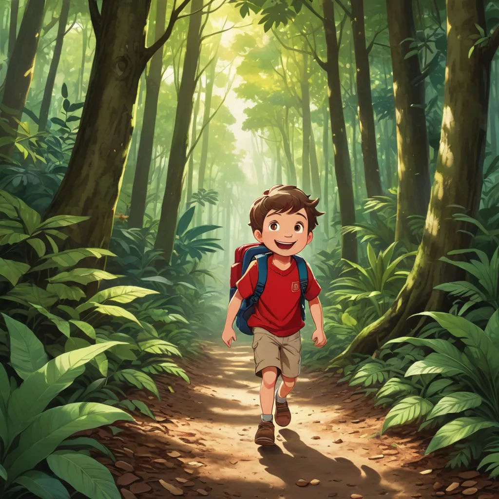 a boy with a backpack walking through a forest of trees and ferns on a trail in the sunlight light, rayonism, a detailed matte painting, Diego Gisbert Llorens, official art