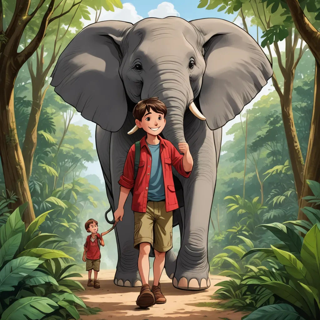 a boy and an elephant walking through a jungle with a boy in red jacket and red shirt on the other side, magical realism, a storybook illustration, Diego Gisbert Llorens, storybook illustration