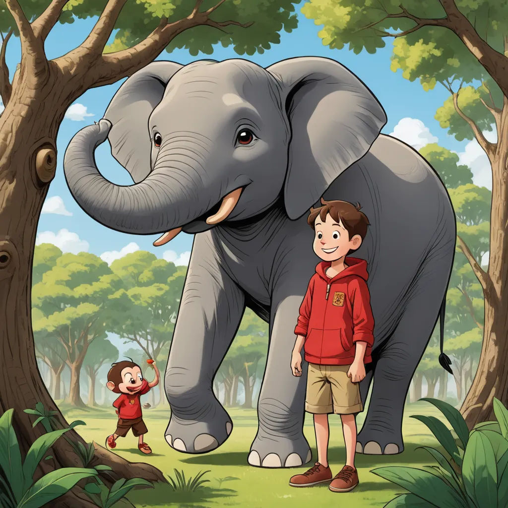 a boy and an elephant in a forest with a boy standing next to it and a boy standing next to it, magical realism, a storybook illustration, Diego Gisbert Llorens, storybook illustration