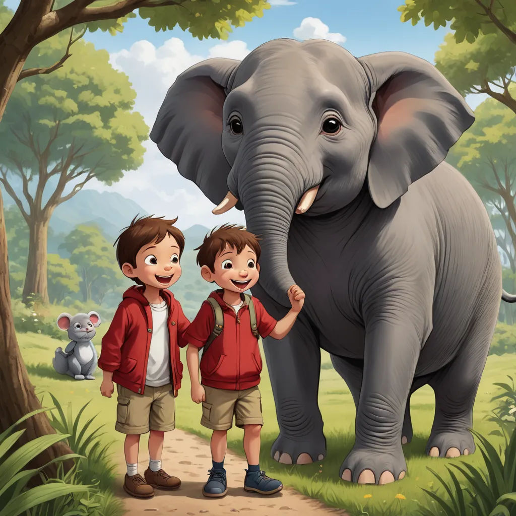a boy and a boy standing next to an elephant in a forest with a baby elephant behind them and a baby elephant behind them, magical realism, a storybook illustration, Diego Gisbert Llorens, storybook illustration
