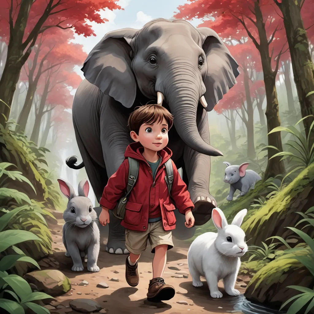 a boy is walking with two rabbits and an elephant in the woods behind him, and a painting of an elephant and a boy, magical realism, a storybook illustration, Aaron Jasinski, promotional image