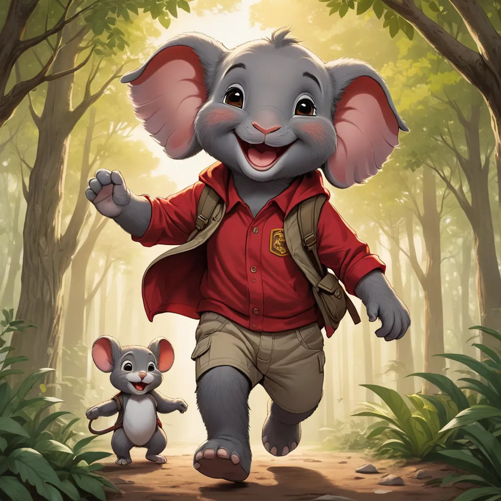 a cartoon elephant and a mouse walking through a forest together in front of a forest background with trees and leaves, sots art, a character portrait, Clint Cearley, official art