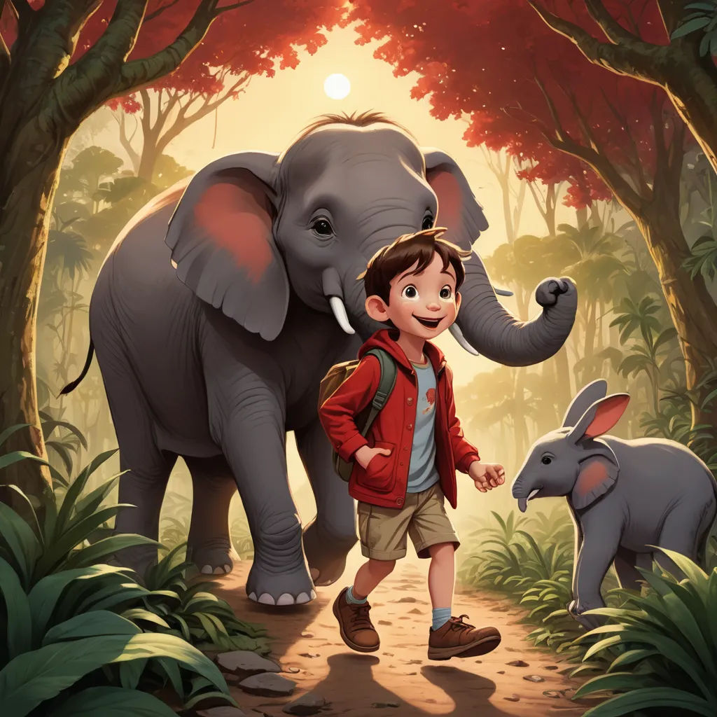 a boy is walking with an elephant in the jungle with another animal in the background and a baby elephant in the foreground, sots art, a storybook illustration, Diego Gisbert Llorens, promotional image