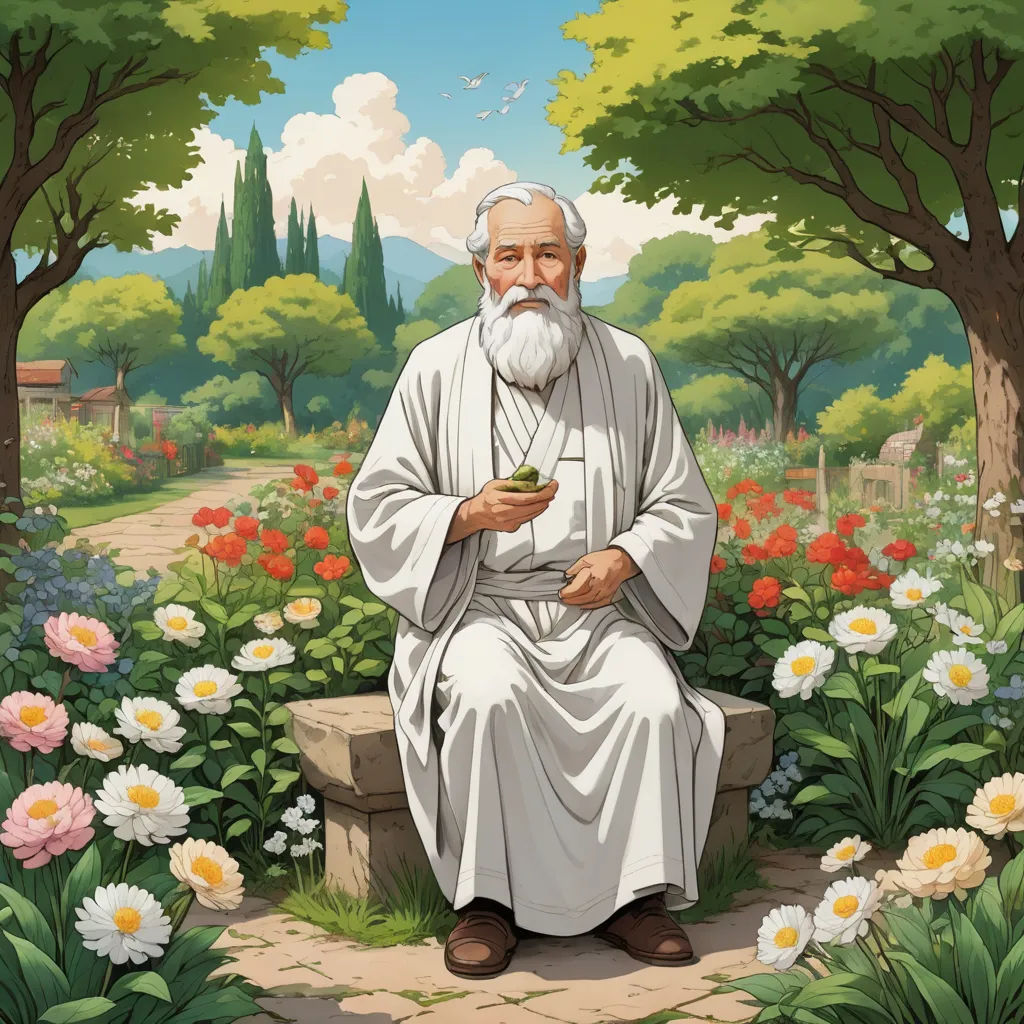 a painting of a man sitting on a bench in a garden with flowers and trees around him, holding a cup, naturalism, a storybook illustration, Asaf Hanuka, official art