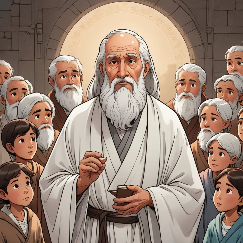 a cartoon of a man with a beard and a lot of people around him, all looking at him, incoherents, a storybook illustration, Asaf Hanuka, trending on art station
