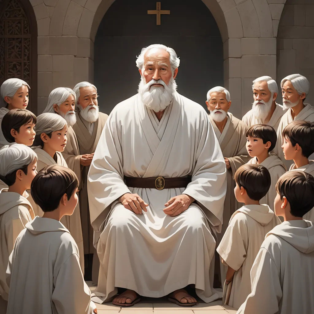 a man with a white beard and a group of people around him, all dressed in white robes and standing in front of a group of him, purism, a storybook illustration, Christophe Vacher, rossdraws global illumination
