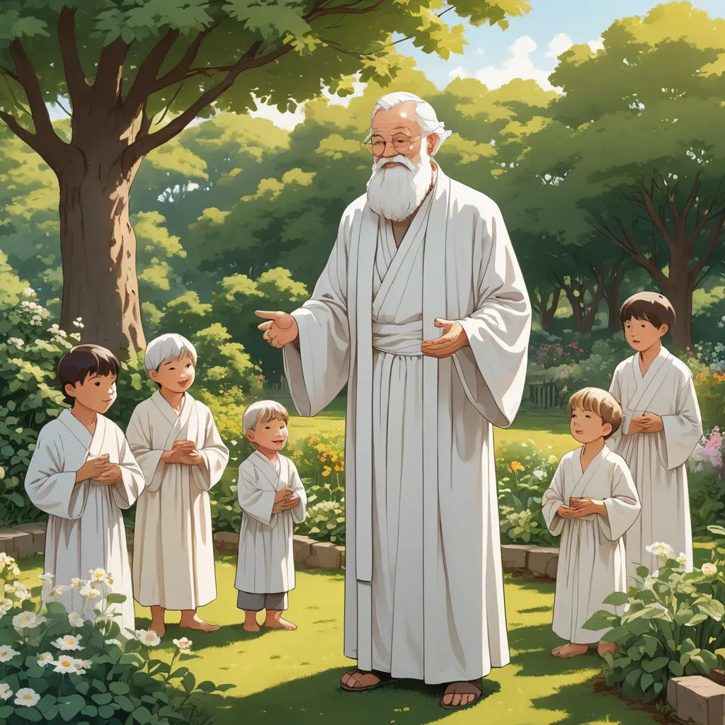 a painting of a man with a group of children in a garden with trees and bushes behind him,, rayonism, a storybook illustration, Brothers Hildebrandt, official art