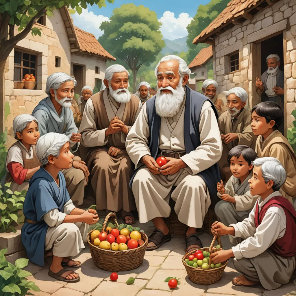 a painting of a group of people with a basket of fruit in front of them and a man with a beard, socialist realism, a storybook illustration, Bourgeois, storybook illustration