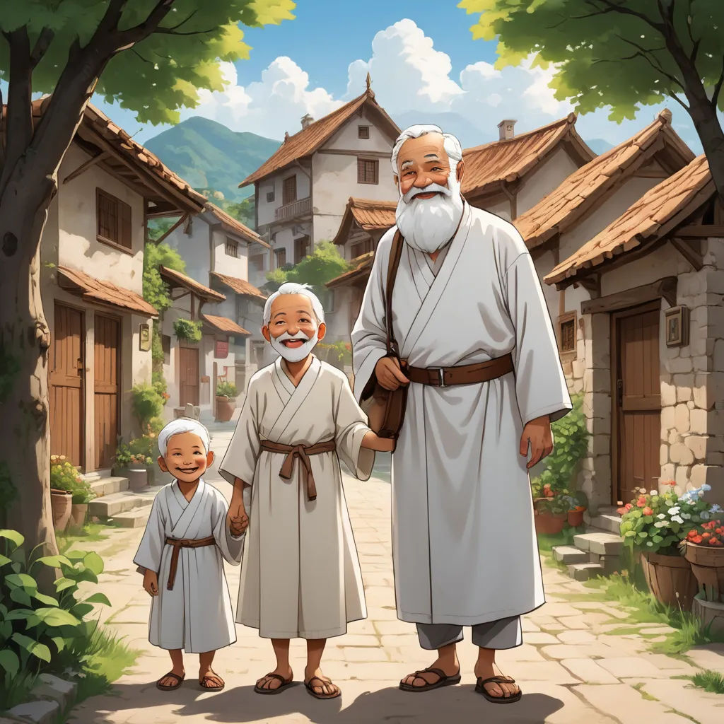 a painting of a man and two children standing in front of a village with a man holding the hand of a child, sots art, a storybook illustration, Brothers Hildebrandt, official art