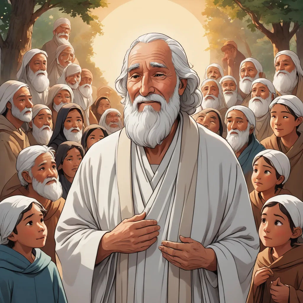 a painting of a man with a beard and white hair surrounded by other people, with a halo in the middle, rayonism, a storybook illustration, Asaf Hanuka, rossdraws global illumination