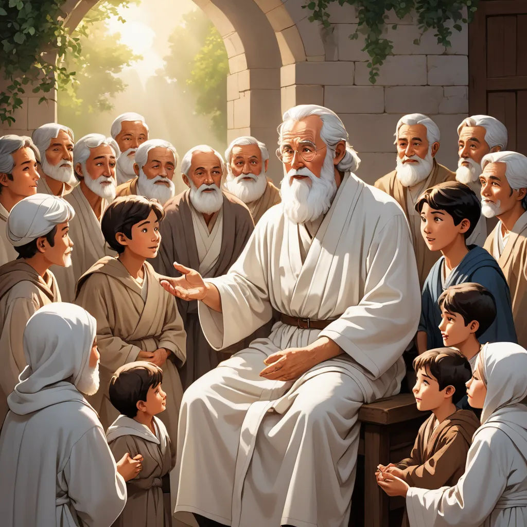 a painting of a man sitting in front of a group of people with white beards and white robes, incoherents, a storybook illustration, Brothers Hildebrandt, professional digital painting
