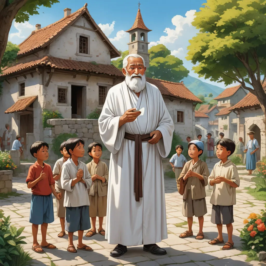 a painting of a man with a group of children standing around him in front of a church with a steeple, excessivism, a storybook illustration, F Scott Hess, storybook illustration