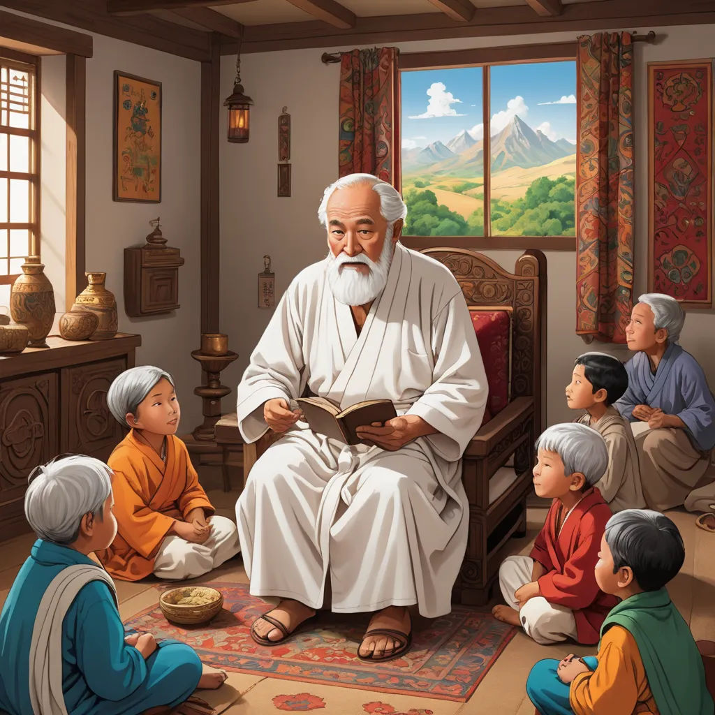 a painting of a man reading a book to children in a room with mountains in the background and a painting of a mountain, naive art, a storybook illustration, Byeon Sang-byeok, storybook illustration