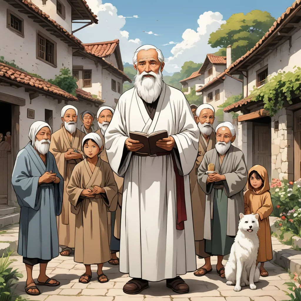 a group of people standing around a man reading a book with a dog nearby on a cobblestone street, naive art, a storybook illustration, Asaf Hanuka, official art
