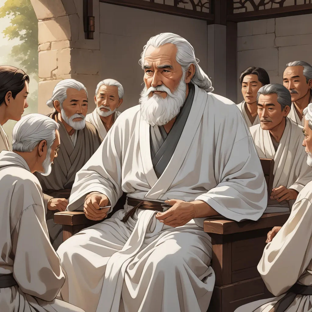 a painting of a man with a beard and a group of people around him sitting down and talking to each other, incoherents, a storybook illustration, Christophe Vacher, official art
