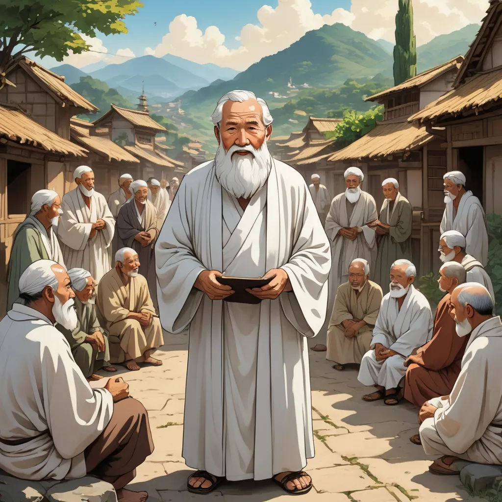 a painting of a man standing in front of a group of people with a book in his hands and a mountain in the background, excessivism, a storybook illustration, Christophe Vacher, official art