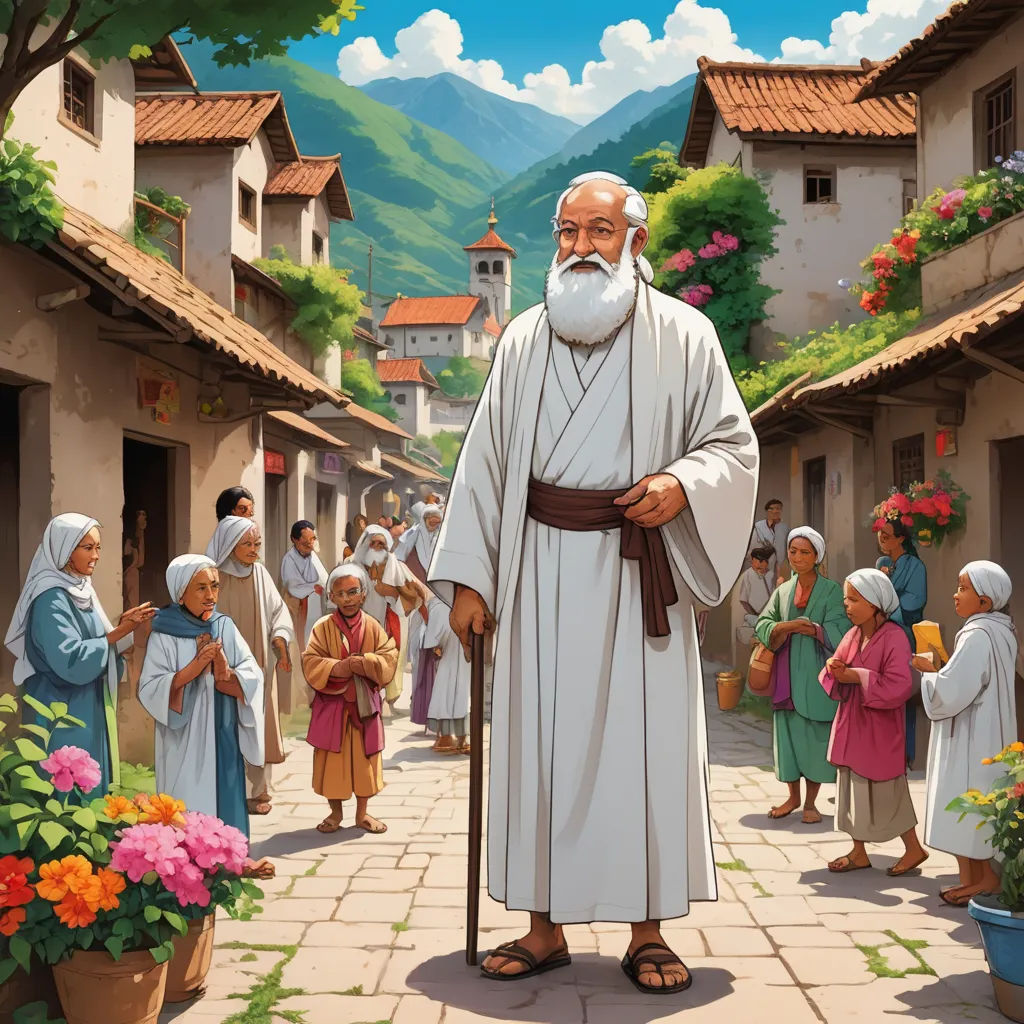 a painting of a man with a white beard and a white robe and a white beard and a group of people, excessivism, a storybook illustration, Asaf Hanuka, official art