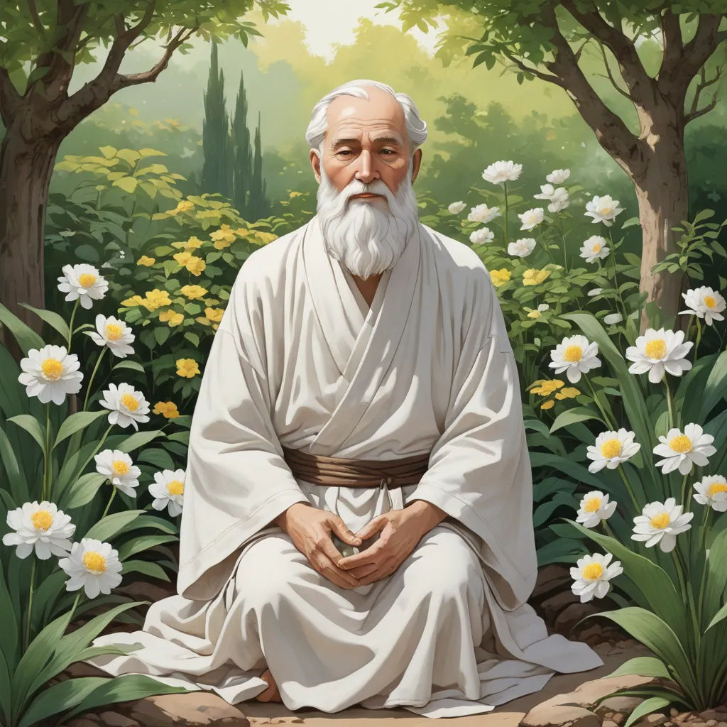 a painting of a man sitting in a field of flowers with a white beard and white robe on his body, precisionism, a detailed painting, Choi Buk, official art