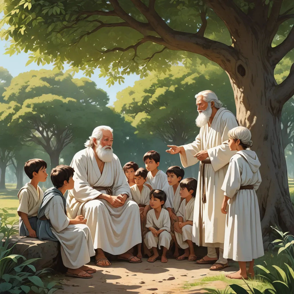 a painting of a man with a group of children in front of him and a man pointing to a tree, american scene painting, a storybook illustration, Brothers Hildebrandt, storybook illustration
