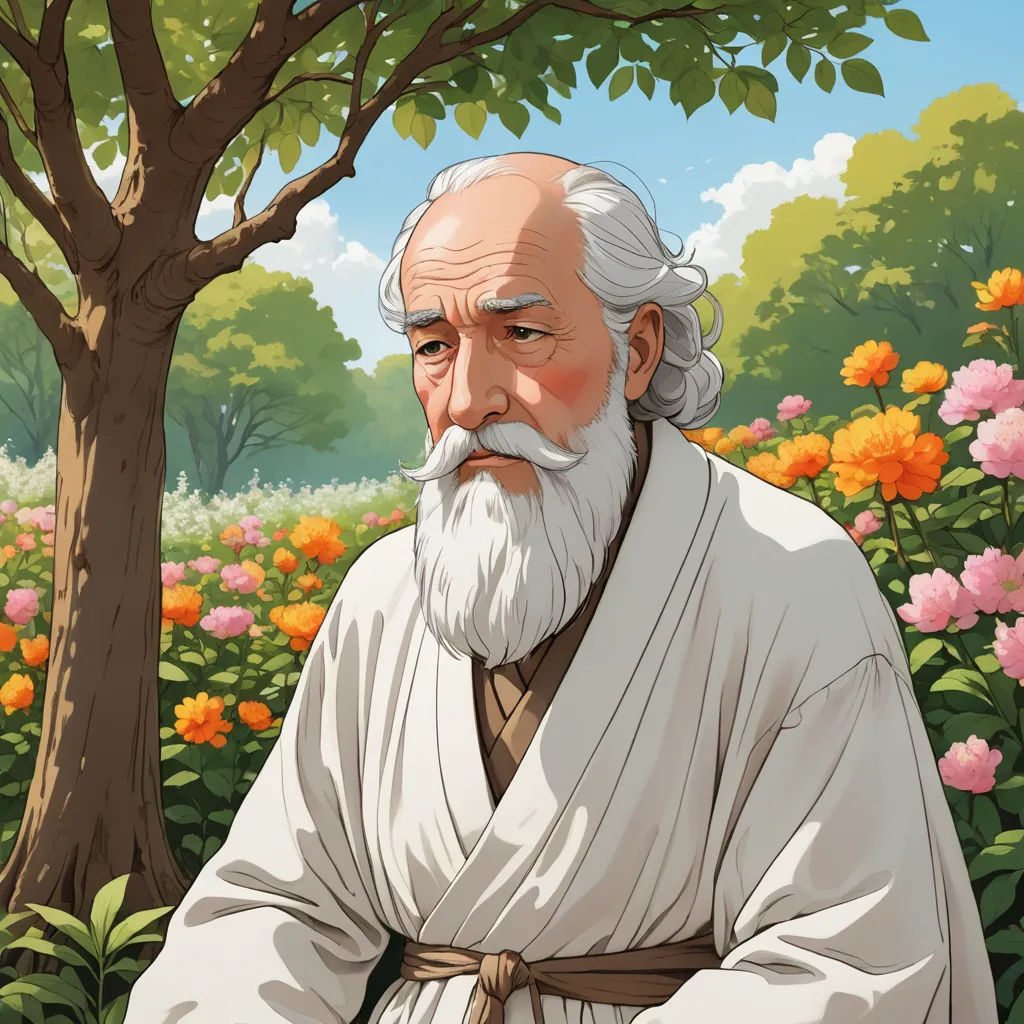 a man with a white beard and a white robe is standing in a field of flowers and a tree, naturalism, a storybook illustration, Asaf Hanuka, official art