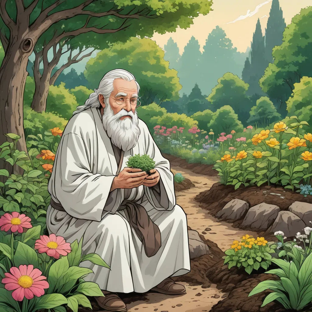 a man kneeling down in a garden holding a plant in his hands and a tree in the background with flowers, fantasy art, a storybook illustration, Asaf Hanuka, official art
