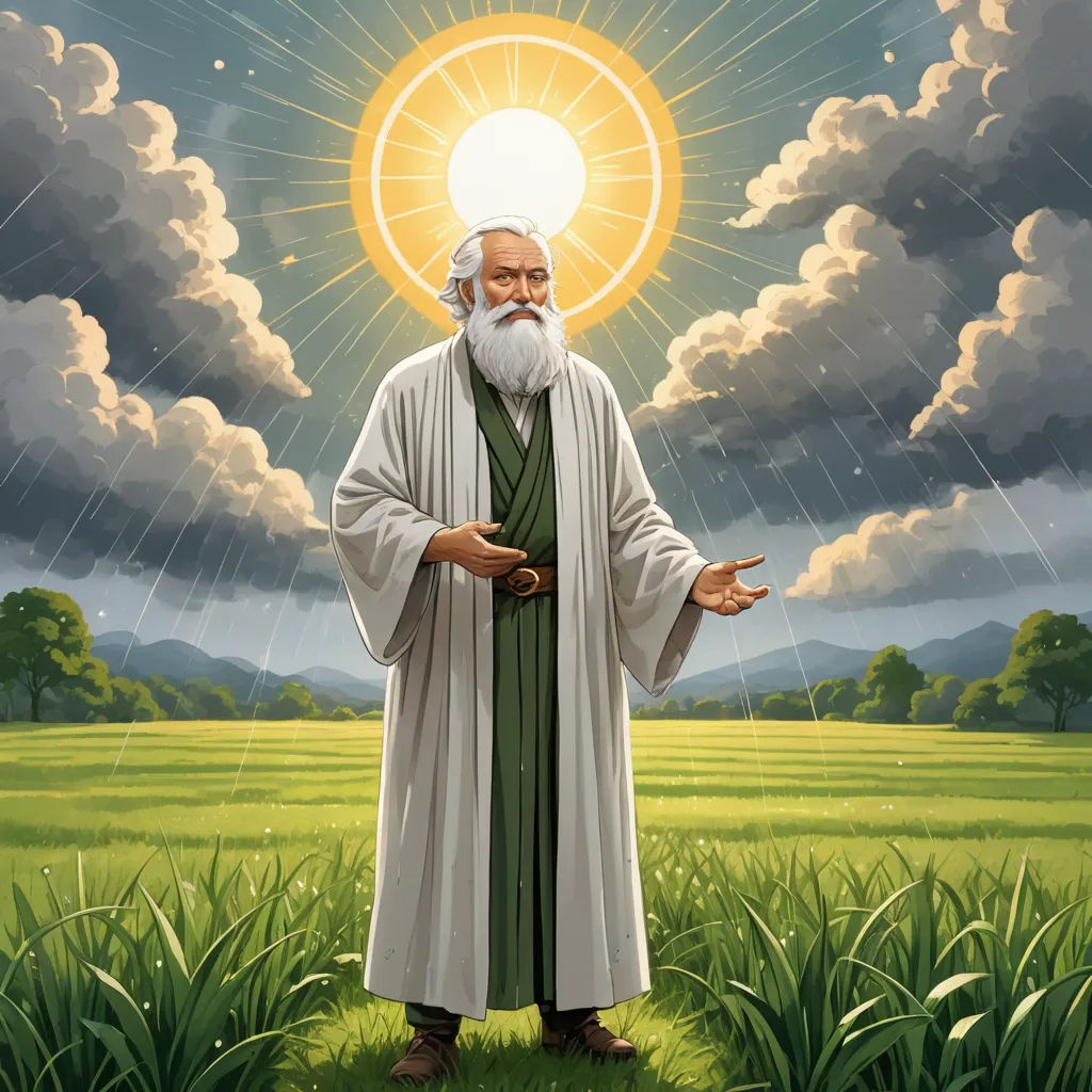 a painting of a man with a beard and a white beard standing in a field with a sun above him, rayonism, a storybook illustration, F Scott Hess, god rays
