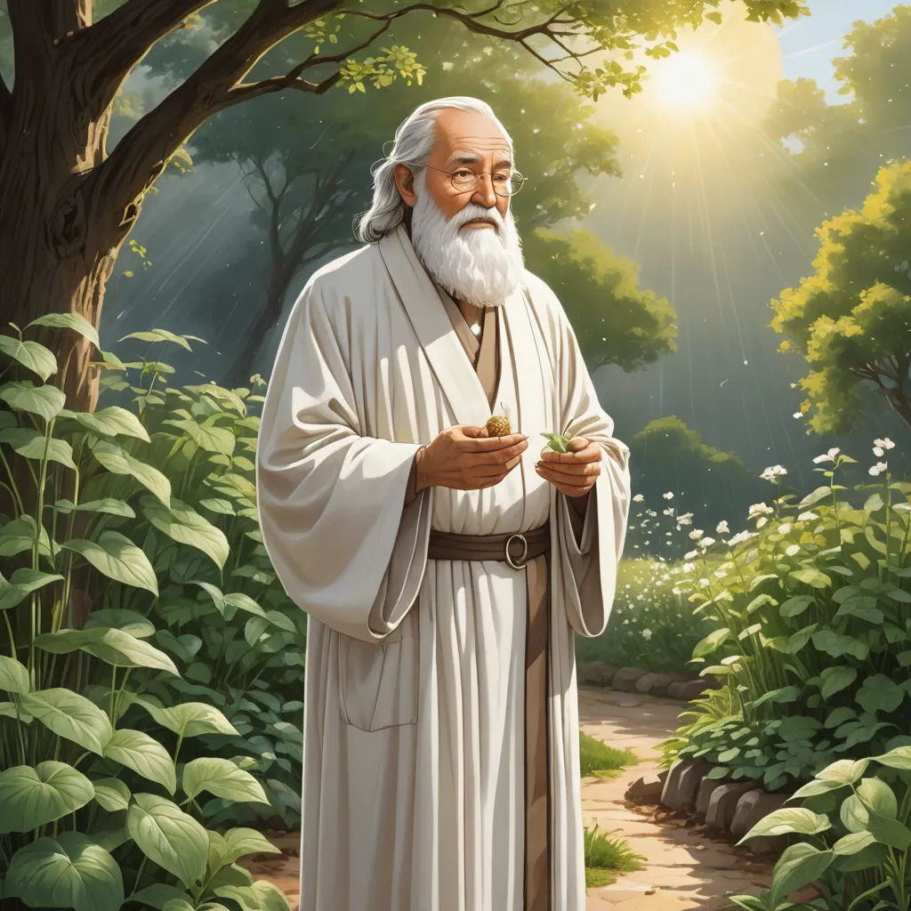 a painting of a man with a white beard and white robe holding a flower in his hand and a tree in the background, naturalism, a storybook illustration, Barclay Shaw, official art
