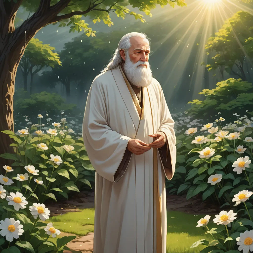 a painting of a man with a white beard and white robes standing in a field of flowers with the sun shining through the trees, fantasy art, a storybook illustration, Christophe Vacher, official art
