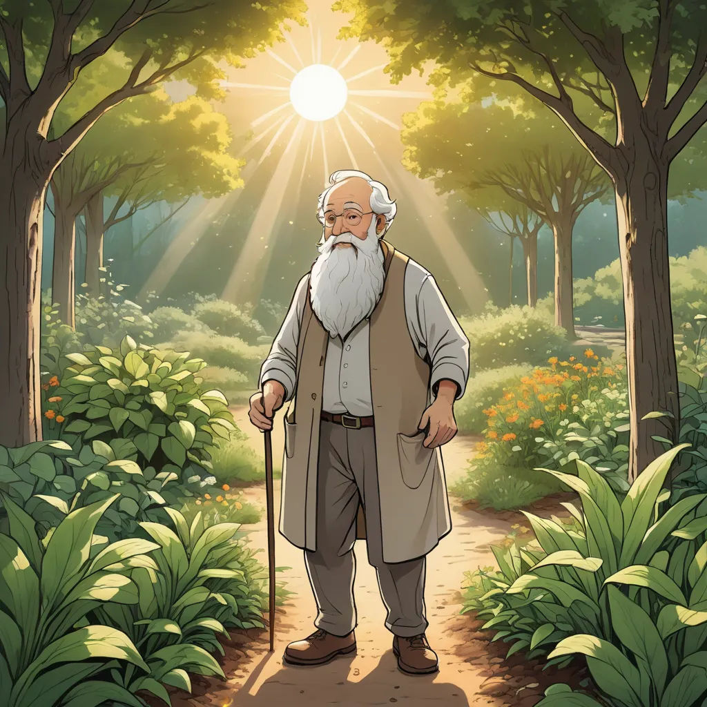 a man with a long beard and a white beard is standing in a forest with trees and flowers, with the sun shining through the trees, rayonism, a character portrait, Anne Said, official art