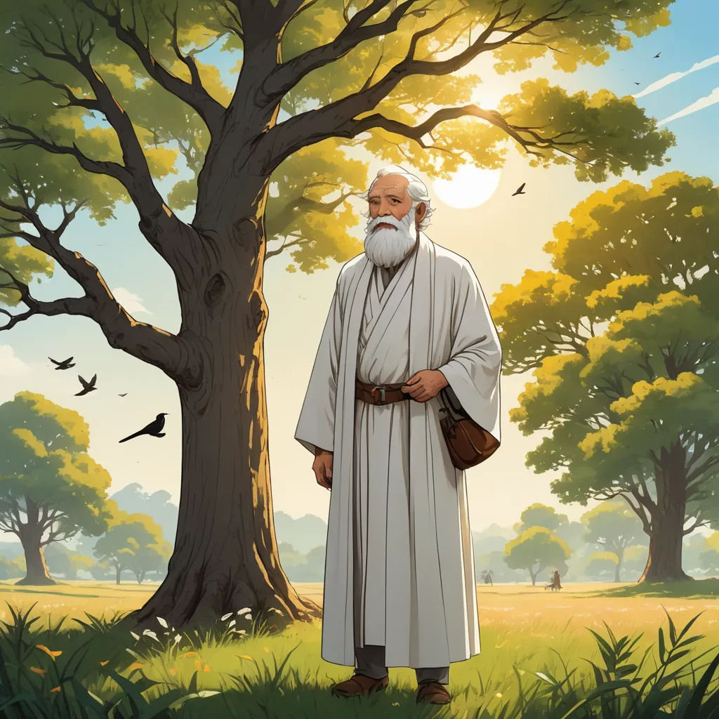 a man standing in front of a tree with a bird flying overhead in the background and a bird flying overhead, naturalism, a storybook illustration, Asaf Hanuka, official art