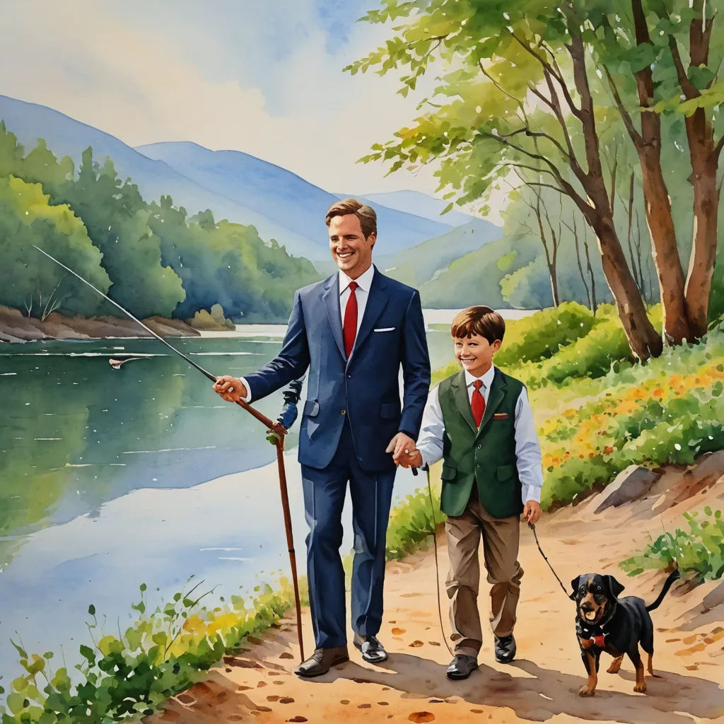 a painting of a man and a boy walking a dog on a leash by a lake with a fishing rod, american scene painting, a storybook illustration, F. Scott Hess, detailed painting