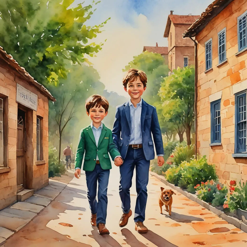 a painting of two boys walking down a street holding hands and a dog is in the background on the sidewalk, naive art, a storybook illustration, Brothers Hildebrandt, detailed painting