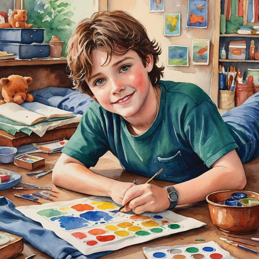 a painting of a boy sitting at a table with a paintbrush and a book on it, with a teddy bear nearby, photorealism, a photorealistic painting, Bob Byerley, detailed painting