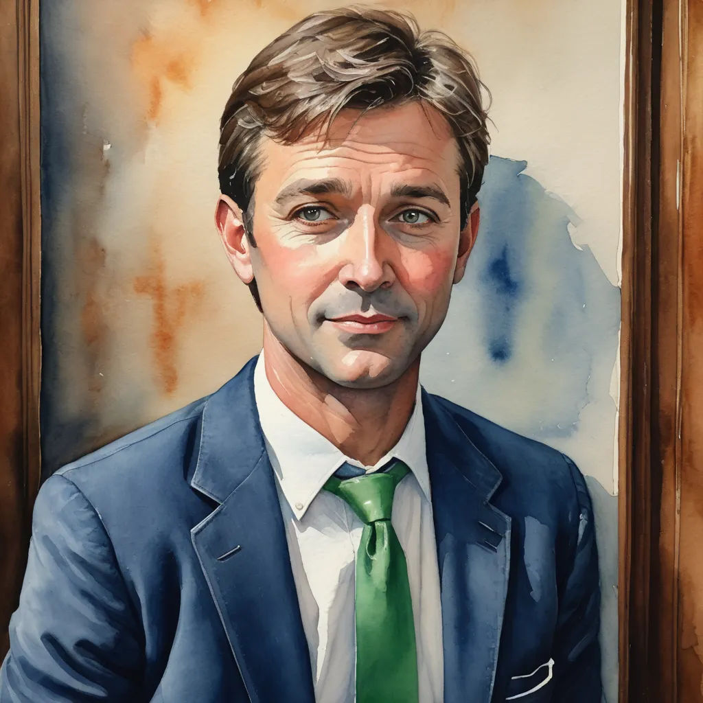 a painting of a man in a suit and tie with a green tie on his lapel and a brown frame, american realism, a character portrait, Derek Hill, hyper realism