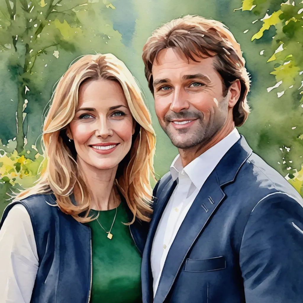 a painting of a man and a woman posing for a picture together in front of a tree and bushes, figurative art, a watercolor painting, Elizabeth Forbes, promotional image