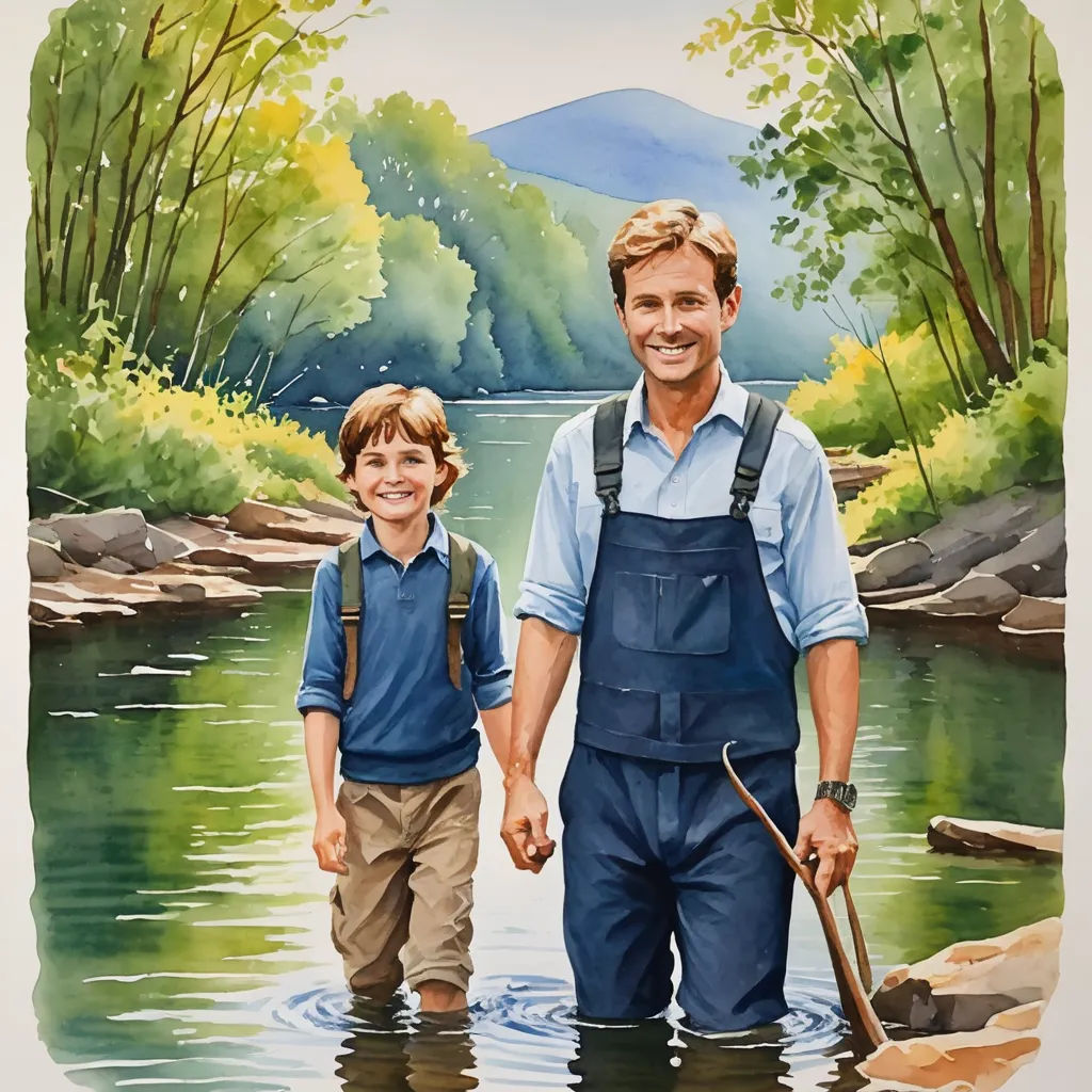a painting of a father and son in the water holding hands and smiling at the camera, with a mountain in the background, american scene painting, poster art, F. Scott Hess, official art