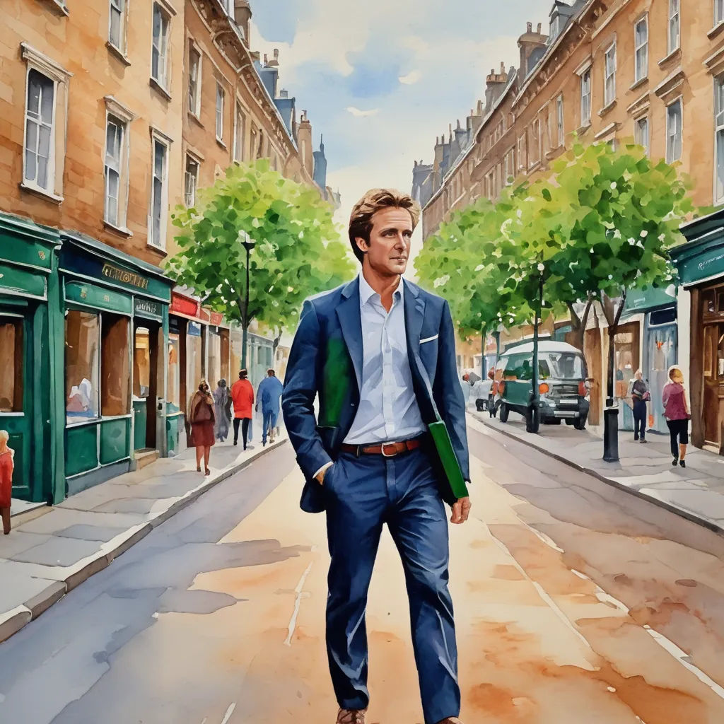 a painting of a man walking down a street in a suit and tie, with a green jacket on, figurative art, an ultrafine detailed painting, Colin Middleton, detailed painting